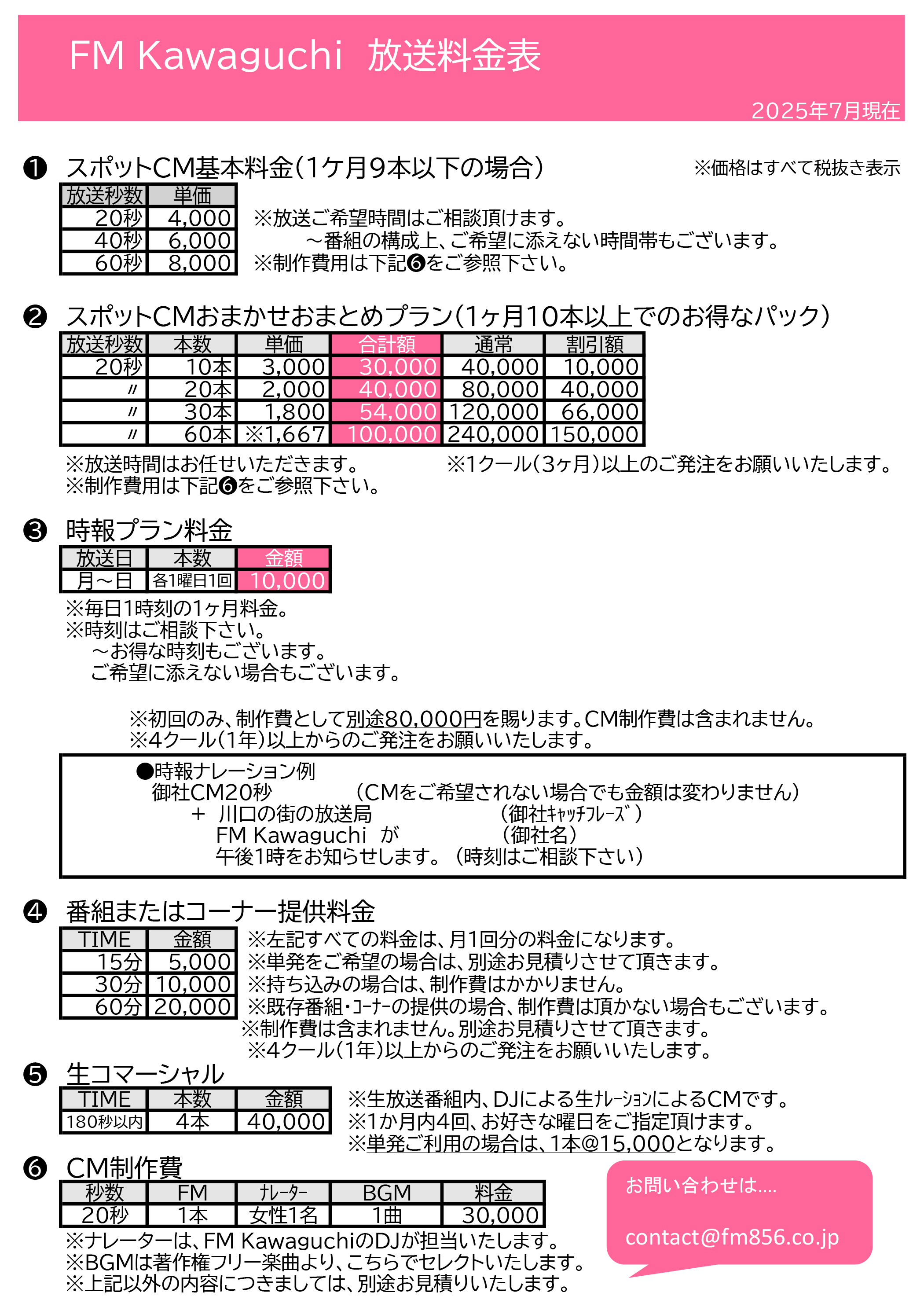 FM KAWAGUCHI 放送料金表